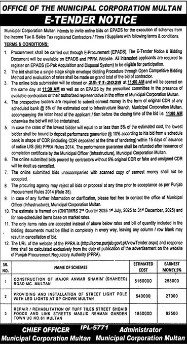 Municipal Corporation Multan Tender Notice